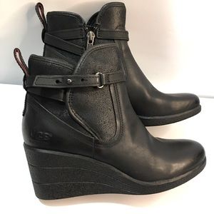 UGG Black Leather Wedge Booties